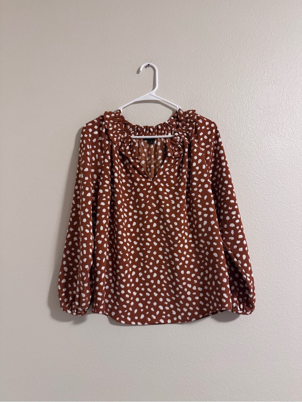J. Crew Rust and White Polka Dot Ruffle-Neck Blouse